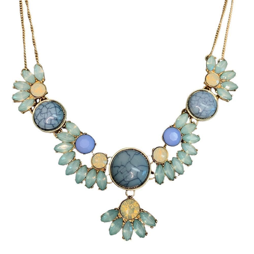 PASTEL marbled blue greenish opalescent rhinestone gem jewelled necklace
